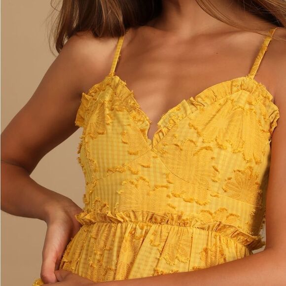 Lulus Charm and Charisma Burnout Floral Midi Dress in Mustard Yellow‎ XL - Picture 4 of 12